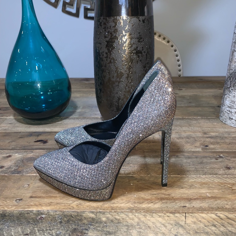 Saint Laurent Silver Glitter Platform Pumps